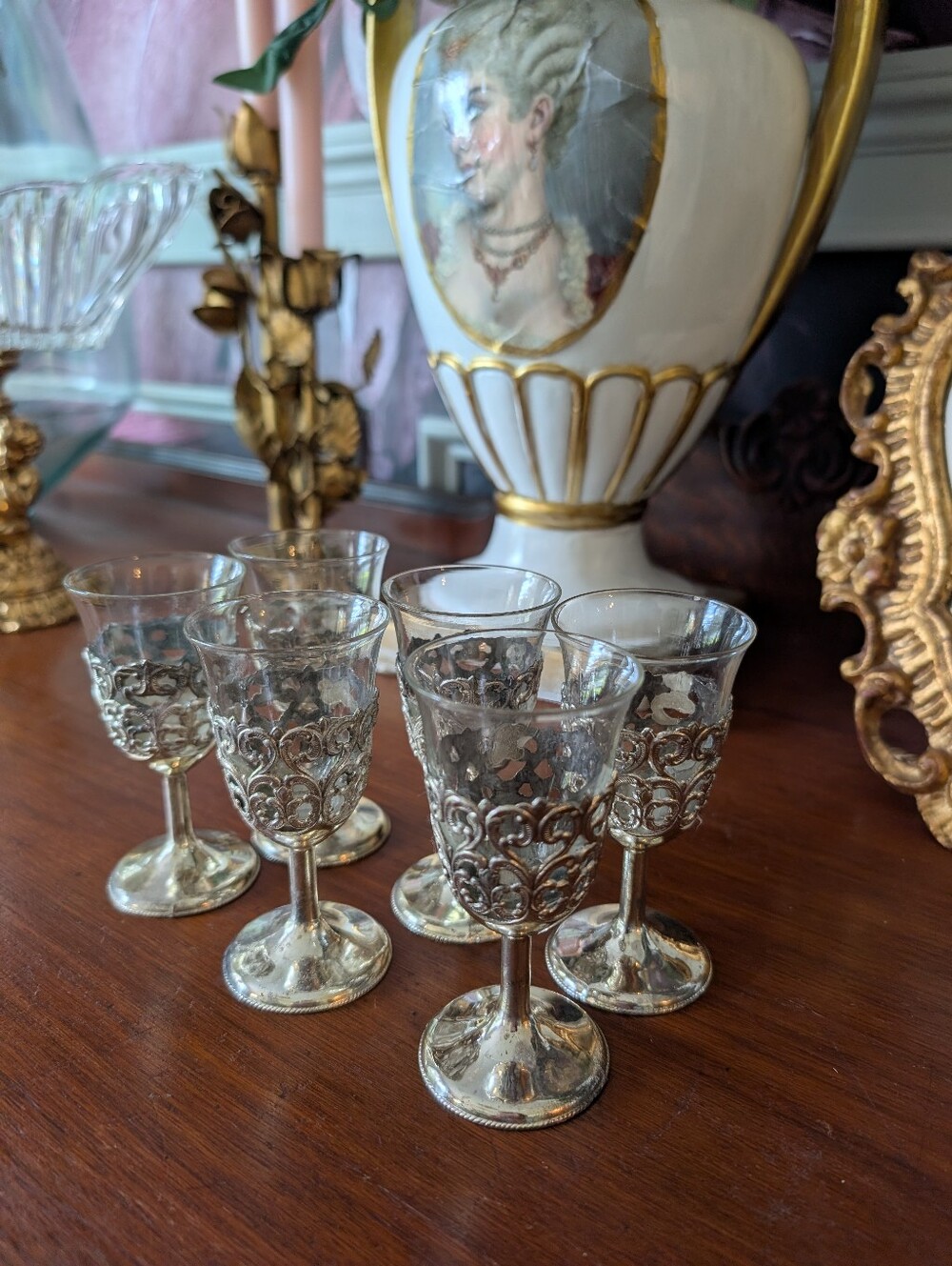 Vintage, Set of 6, Leonard Ornate Silver Plate & Glass Cordial Goblet,  Made in